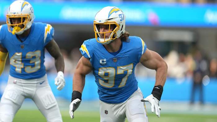 Jan 1, 2023; Inglewood, California, USA; Los Angeles Chargers linebacker Joey Bosa (97) against the Los Angeles Rams at SoFi Stadium.